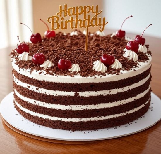 Black Forest cake in round shape with happy birthday topper- Ahmedabad Delivery