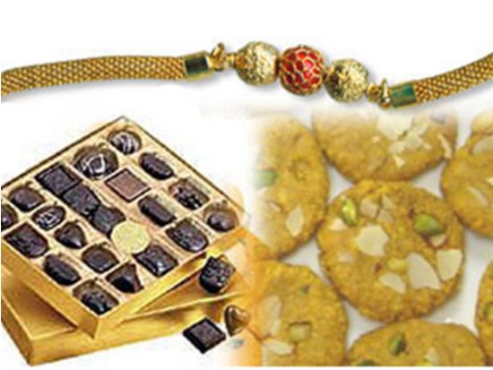 Sweets and gold plated rakhi.
