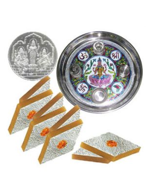 Bhai dooj hampers in Ahmedabad. sweets, coins , pooja thali