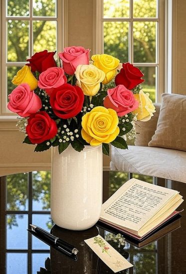 mixed roses arranged in white ceramic vase- Ahmedabad